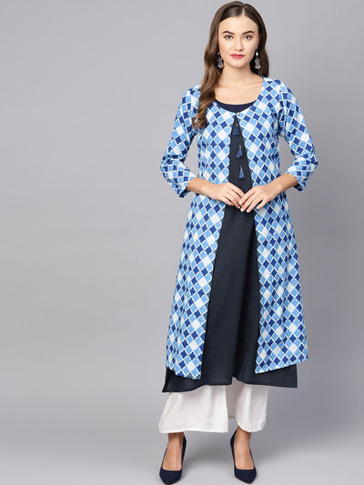 Women's Blue Cotton Printed Full Sleeve Round Neck Casual Kurta Only