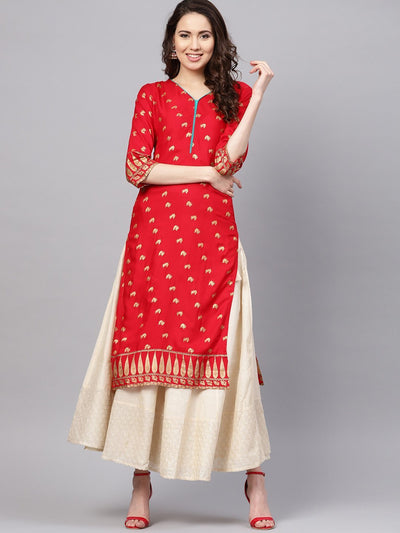 Women's Blue Rayon Printed Short Sleeve Round Neck Casual Kurta Only