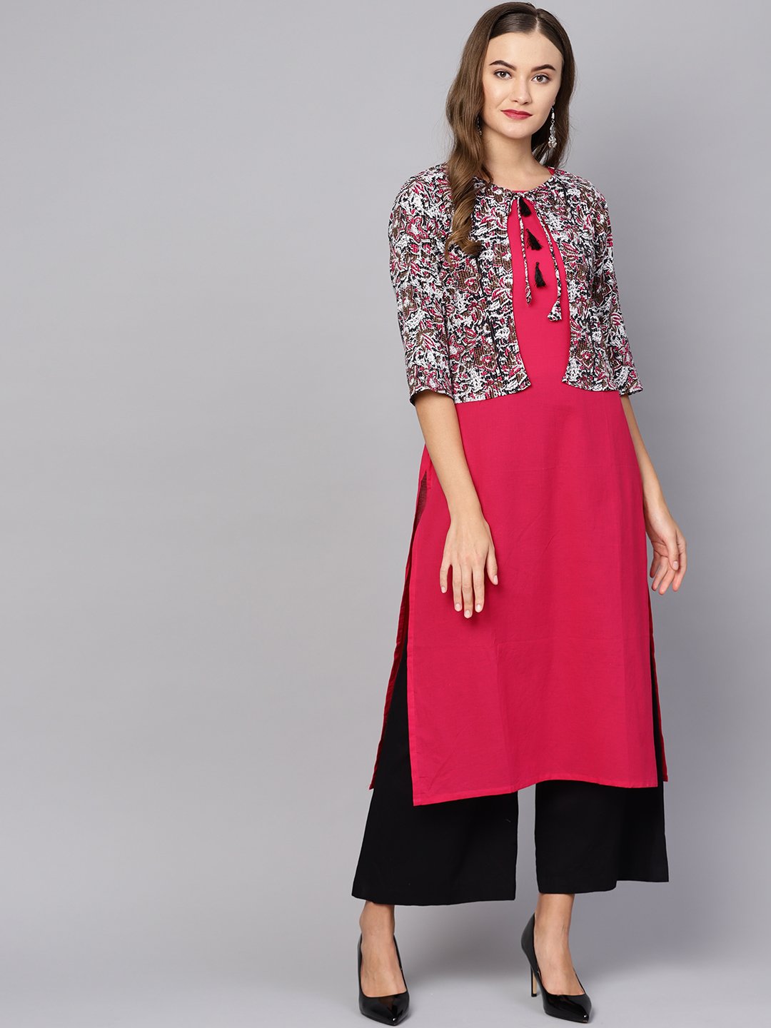 Women's Red Cotton Printed 3/4 Sleeve Round Neck Casual Kurta Only