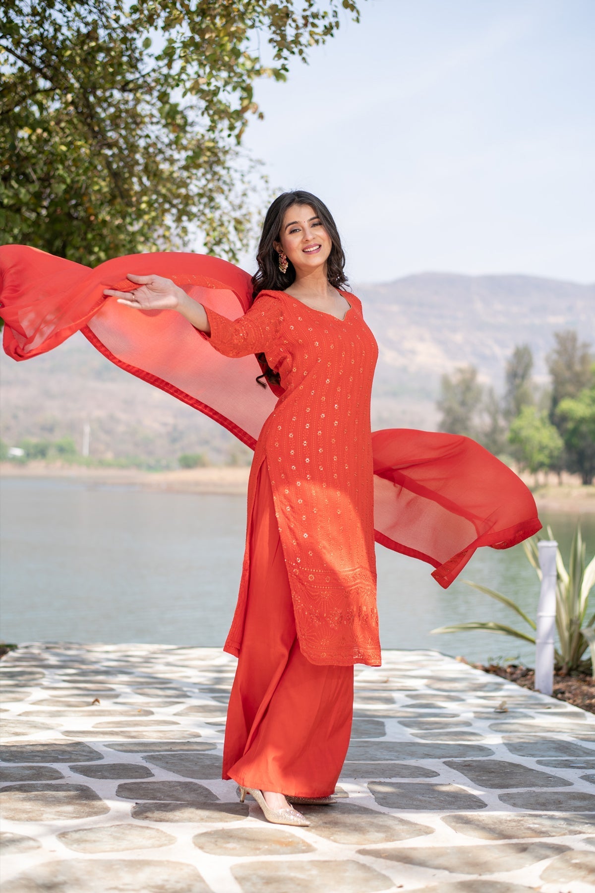 Women's Burnt Orange Heavy Thread Work Long Kurta Set