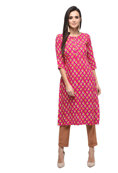 Women's Pink Rayon Printed Regular Sleeves Round Neck Casual Kurta Only
