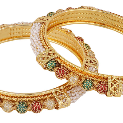 Women's Set Of 2 Gold Plated Pearl Studded & Beaded Bangles