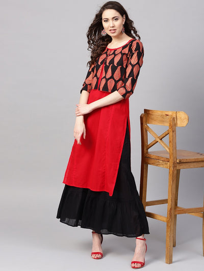 Women's Red Cotton Printed Half Sleeve Round Neck Casual Kurta Only