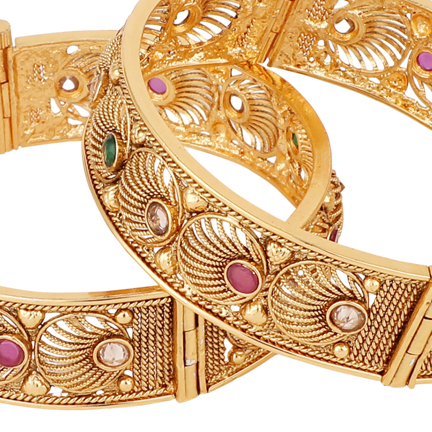 Women's Set Of 2 24K Gold-Plated Red & Green Ruby Stone-Studded Filigree Hand Crafted Bangles