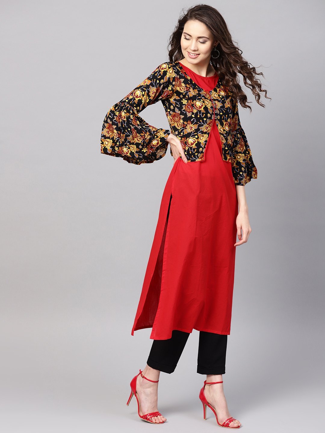 Women's Red Rayon Printed 3/4 Sleeve Round Neck Casual Kurta Only