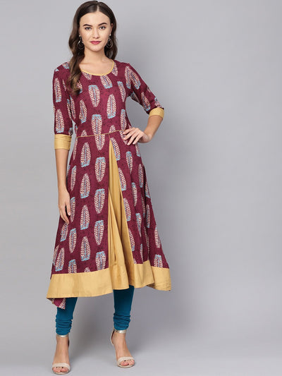 Women's Purple Rayon Printed 3/4 Sleeve Round Neck Casual Kurta Only