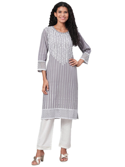 Women's Pink Printed 3/4 Sleeve Cotton Slub V Neck Kurta Only