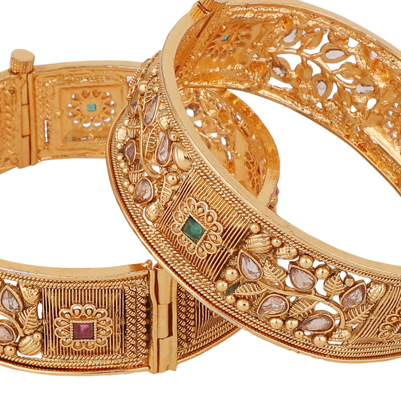 Women's Set Of 2 Gold-Plated Red & Green Stone-Studded Antique Bangles