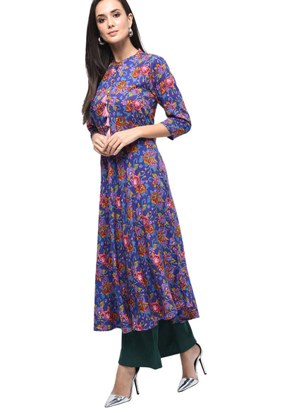 Women's Blue Rayon Printed Half Sleeve Round Neck Casual Kurta Only