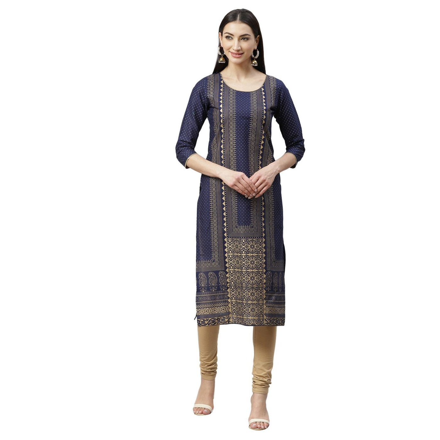 Women's Navy Blue Cotton Printed 3/4 Sleeve Round Neck Casual Kurta Only