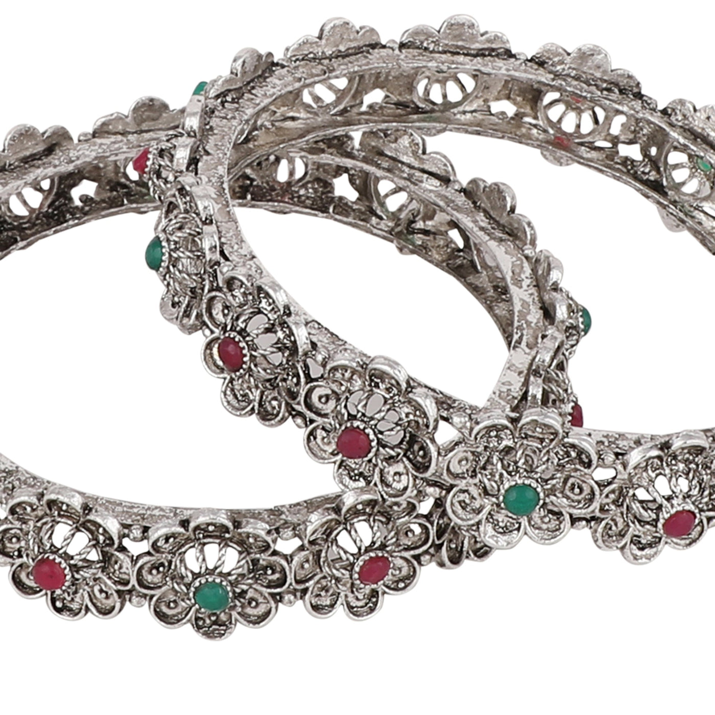 Women's Set Of 2 Silver-Toned Pink& Green Oxidised Stone Studded Bangles