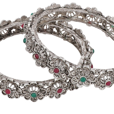 Women's Set Of 2 Silver-Toned Pink& Green Oxidised Stone Studded Bangles
