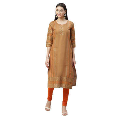Women's Beige Cotton Printed 3/4 Sleeve Round Neck Casual Kurta Only
