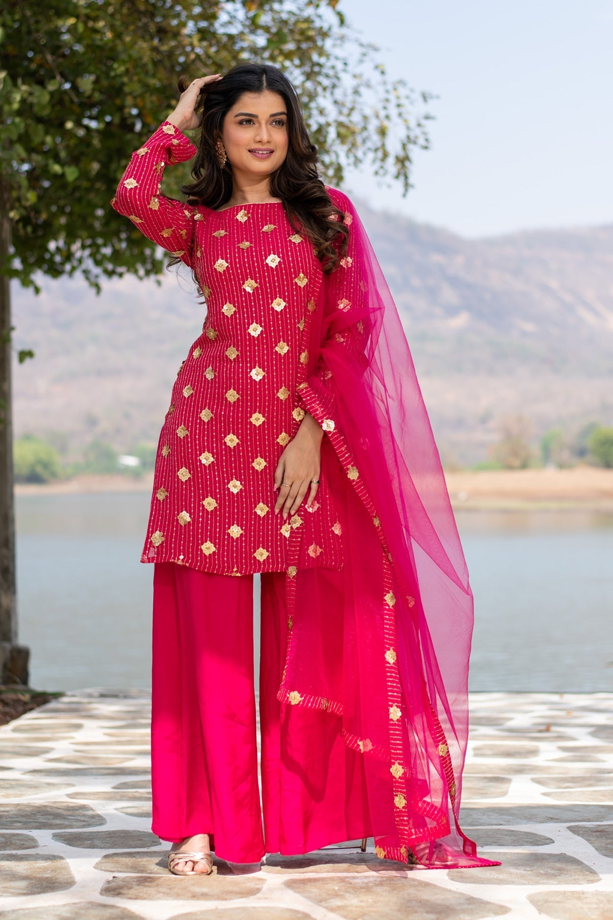 Women's Hot Pink Sequin Kurta Palazzo Set