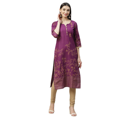 Women's Purple Cotton Printed 3/4 Sleeve Round Neck Casual Kurta Only