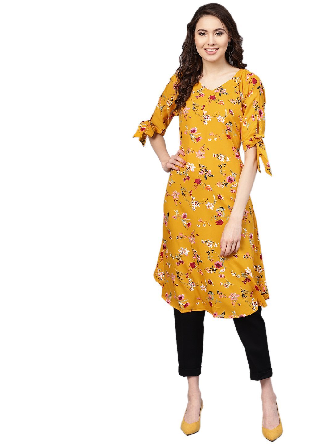 Women Yellow Printed Kurti Only by Myshka (