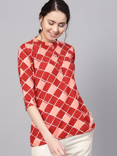 Women's Maroon Printed 3/4 Sleeve Coller Neck Rayon Casual Top