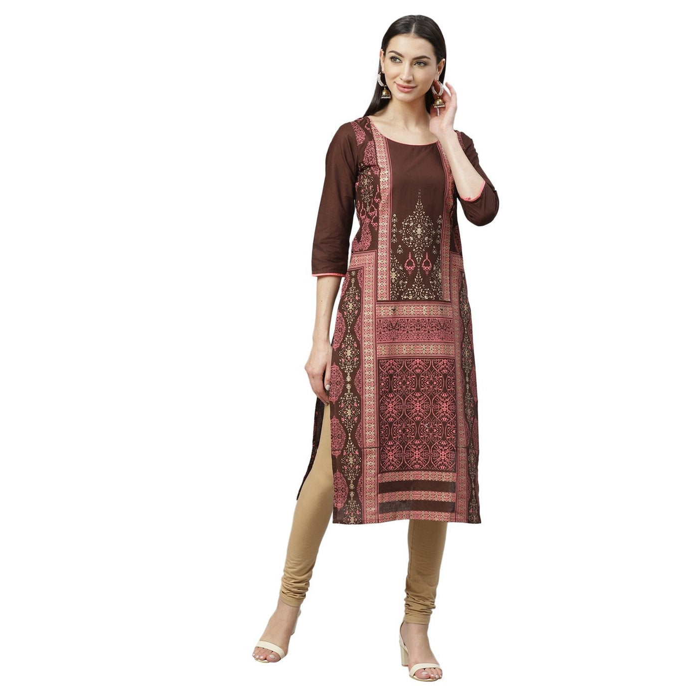Women's Maroon Cotton Printed 3/4 Sleeve Round Neck Casual Kurta Only