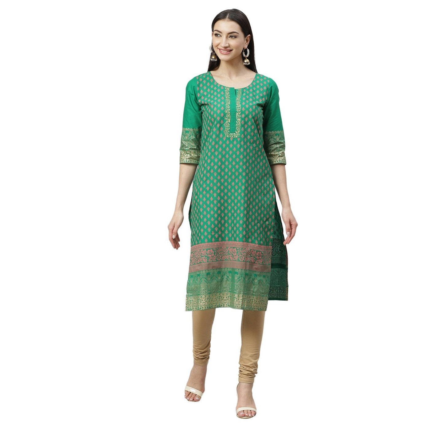Women's Green Cotton Printed 3/4 Sleeve Round Neck Casual Kurta Only