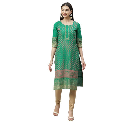 Women's Green Cotton Printed 3/4 Sleeve Round Neck Casual Kurta Only