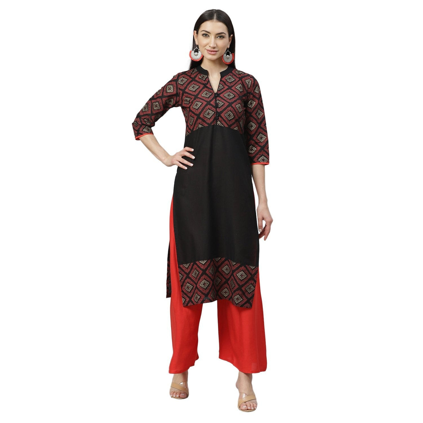 Women's Multicolor Cotton Printed 3/4 Sleeve Mandrin Neck Casual Kurta Only