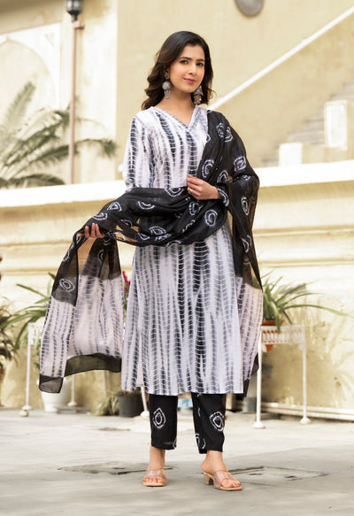 Women's Balck And White Printed Viscose Rayon Kurta, Pant And Dupatta Set