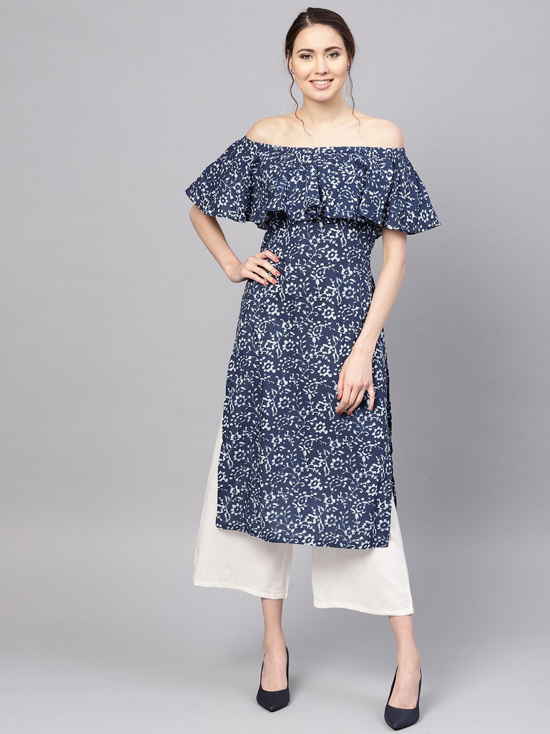 Women's Blue Cotton Printed Cold Shoulder Sleeves Off Shoulder Neck Casual Kurta Only