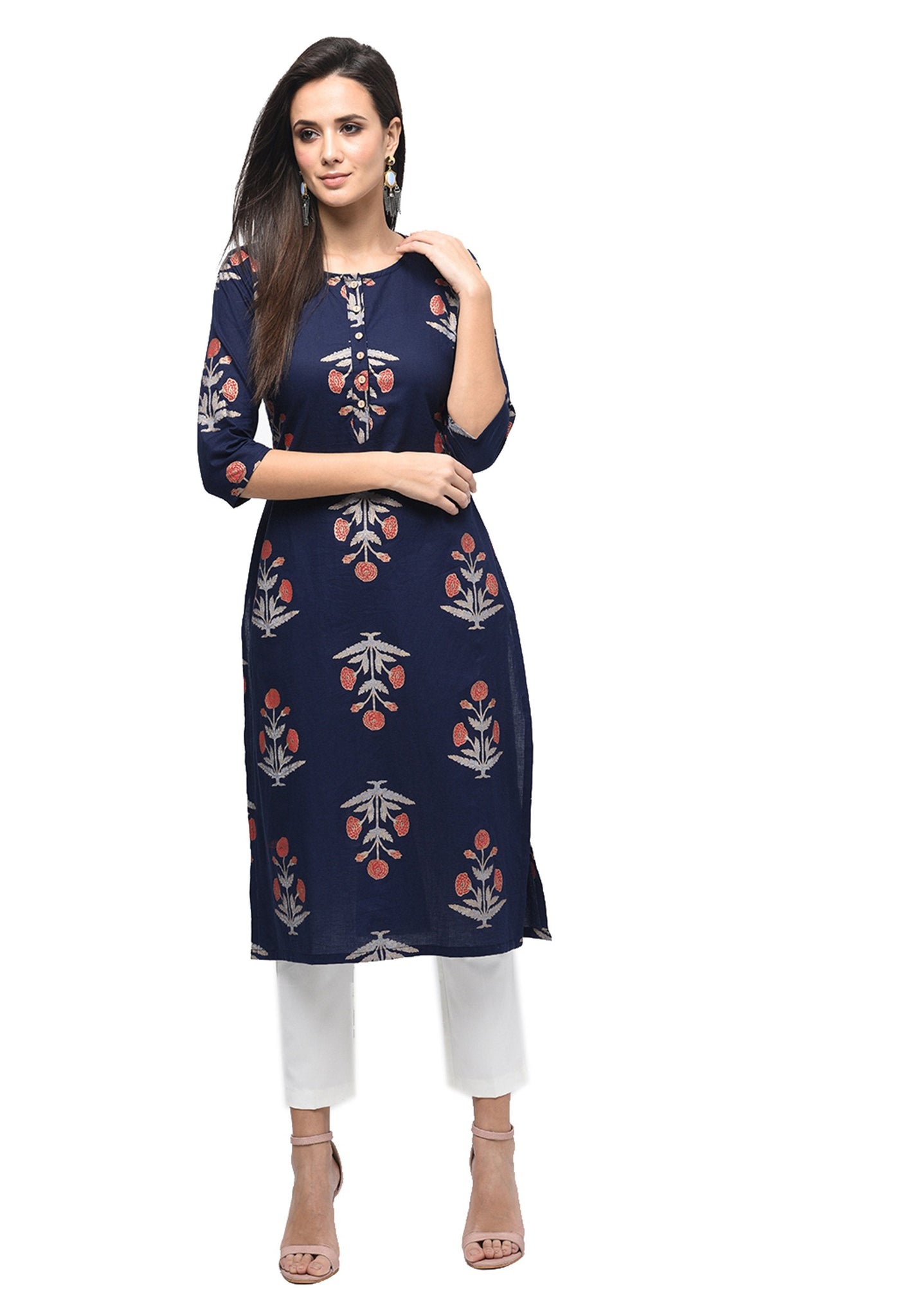 Women's Dark Blue Cotton Printed Regular Sleeves Round Neck Casual Kurta Only