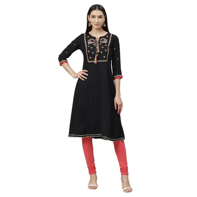 Women's Black Rayon Printed 3/4 Sleeve Round Neck Casual Kurta Only