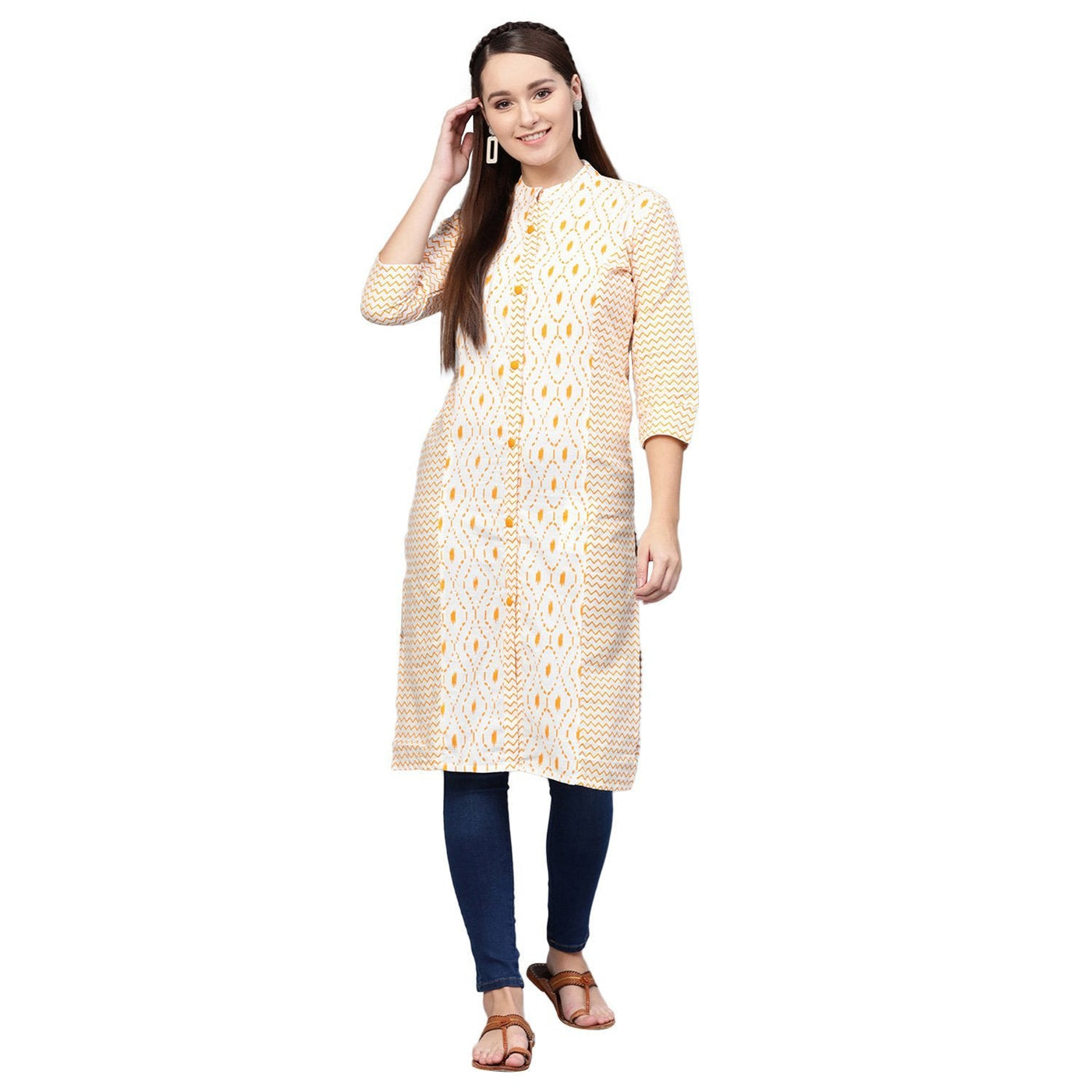 Women's White Cotton Printed 3/4 Sleeve Round Neck Casual Kurta Only