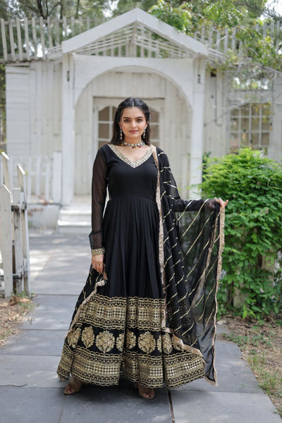 Women's Black Cotton Embroidery Anarkali Set