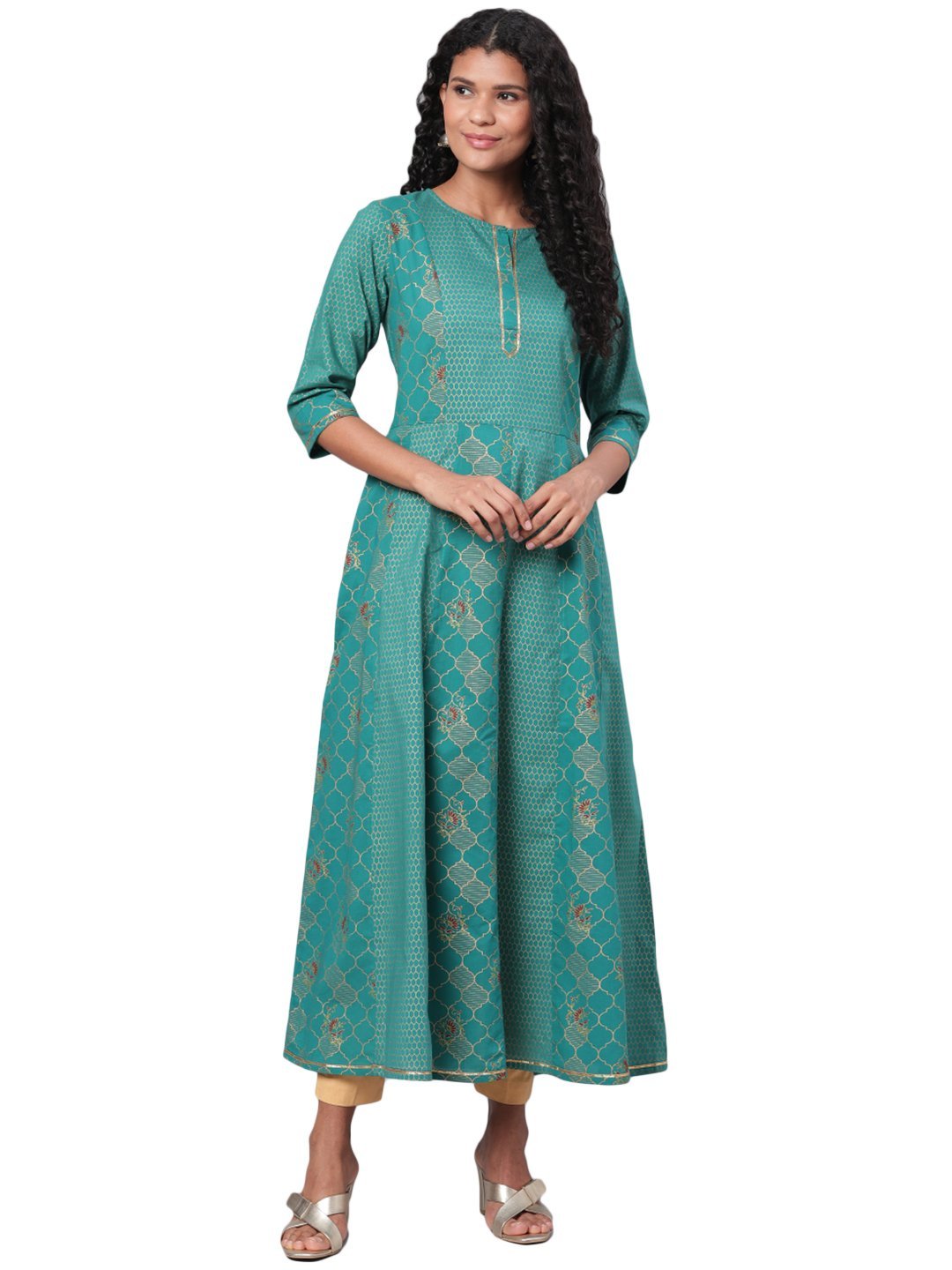 Women's Green Printed 3/4 Sleeve Cotton Round Neck Casual Anarkali Kurta Only
