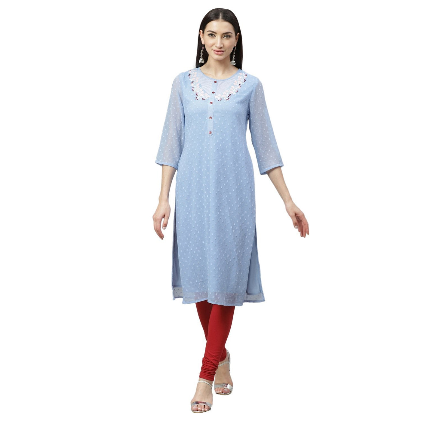 Women's Blue Dobby Chiffon Printed 3/4 Sleeve Round Neck Casual Kurta Only