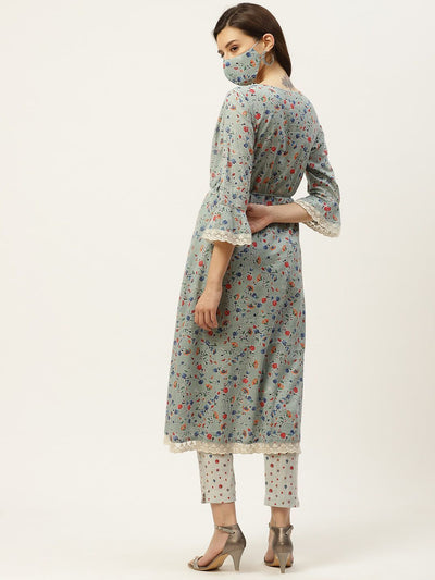 Women's Kurta with Floral Print Jacket and Mask