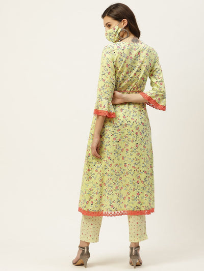 Women's Kurta with Floral Print Jacket and Mask