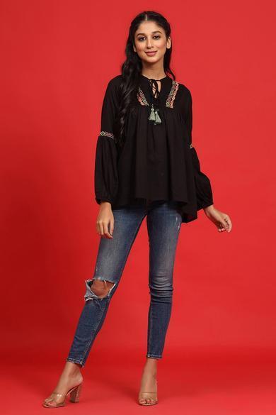 Black Cotton Moss Embroidered Flared Top