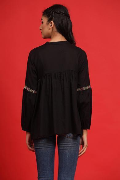 Black Cotton Moss Embroidered Flared Top