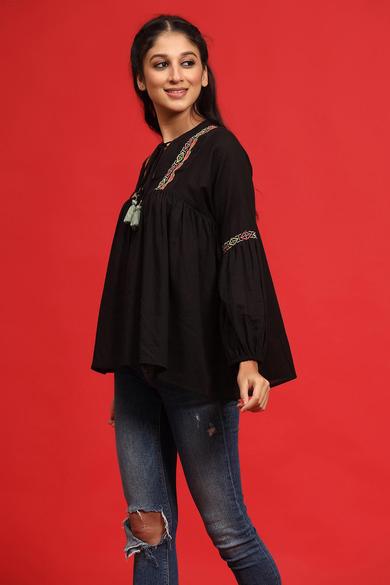 Black Cotton Moss Embroidered Flared Top