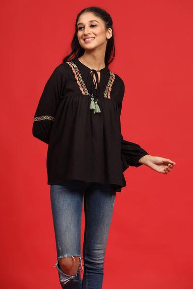 Black Cotton Moss Embroidered Flared Top
