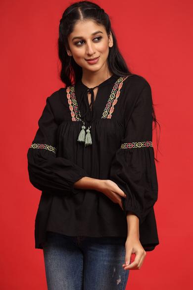 Black Cotton Moss Embroidered Flared Top