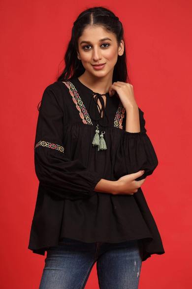 Black Cotton Moss Embroidered Flared Top