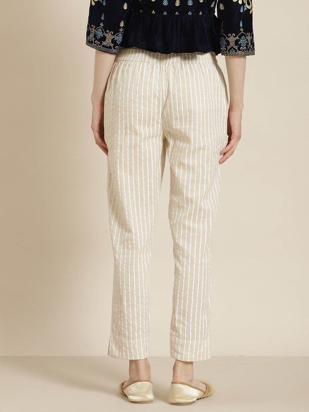Women's Natural Cotton Striped Trousers with Hair-band