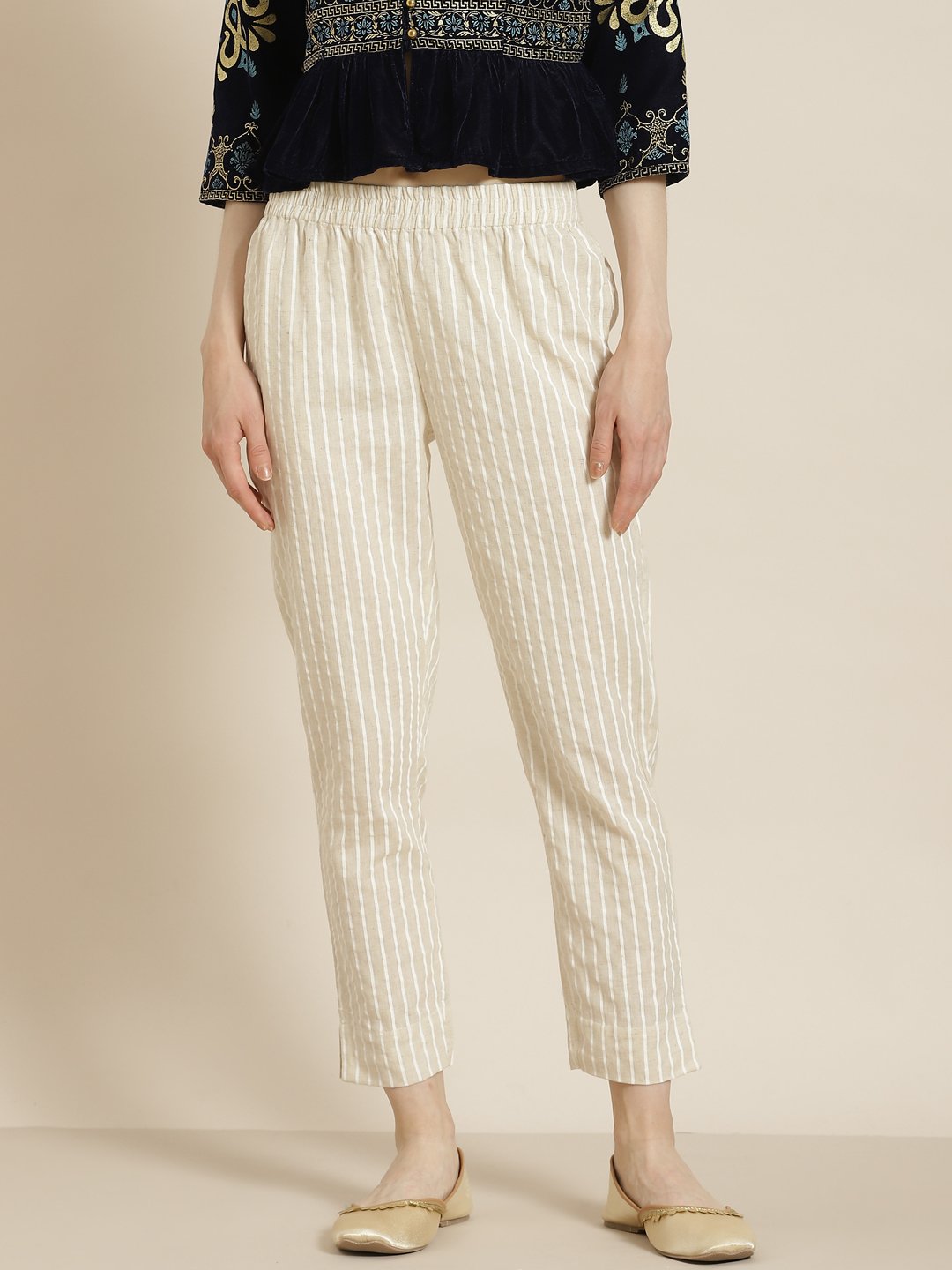 Women's Natural Cotton Striped Trousers with Hair-band