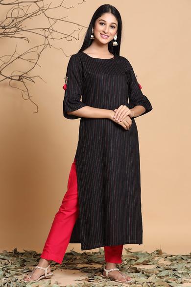 Black Rayon Striped Straight Kurta With Mask