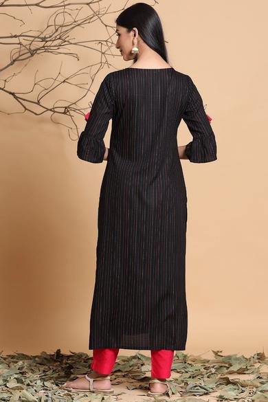 Black Rayon Striped Straight Kurta With Mask