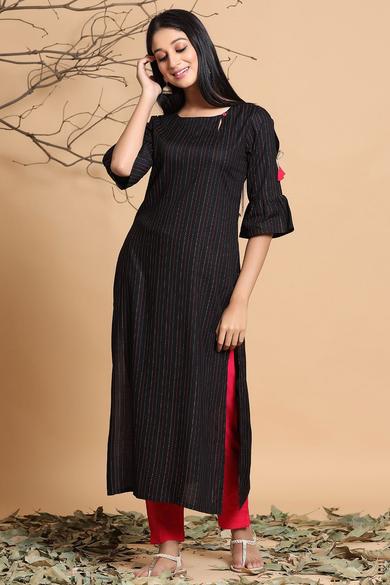 Black Rayon Striped Straight Kurta With Mask