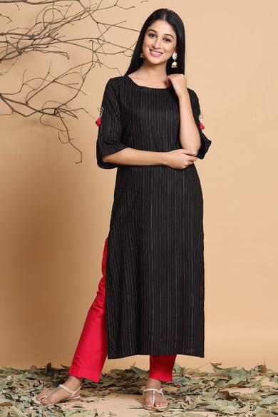 Black Rayon Striped Straight Kurta With Mask