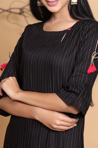 Black Rayon Striped Straight Kurta With Mask