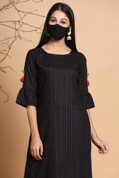 Black Rayon Striped Straight Kurta With Mask