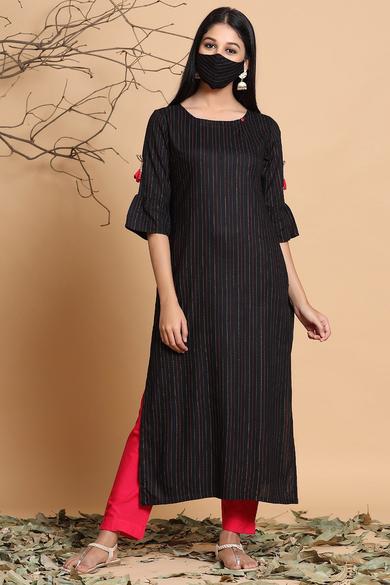 Black Rayon Striped Straight Kurta With Mask